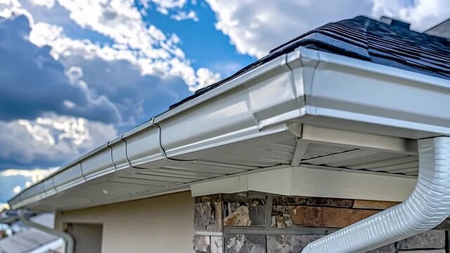 A close-up view of a building's gutter system under a bright, cloudy sky with natural lighting.
