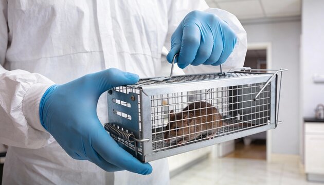 A technician in a white suit and blue gloves holds a live-catch metal cage containing a captured rodent.