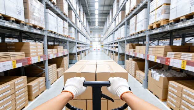 First-person view of a logistics worker pushing stacked boxes down a long, brightly lit warehouse aisle.