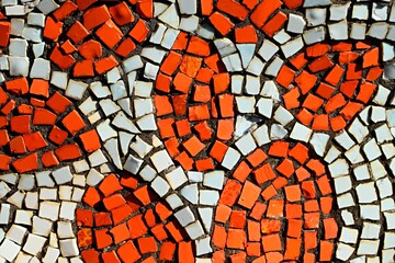 Background, texture mosaic made of smalt, opal glass, bright orange and white pieces of smalt of various shapes
