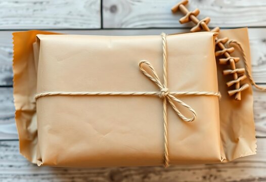 Rustic brown kraft paper package tied with twine, string, blank