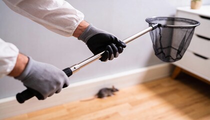 Pest control worker using a humane catch net to capture a small mouse indoors on a hardwood floor.