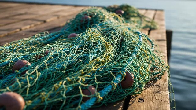 Green and Blue Fishing Net on Wooden Dock Near the Ocean