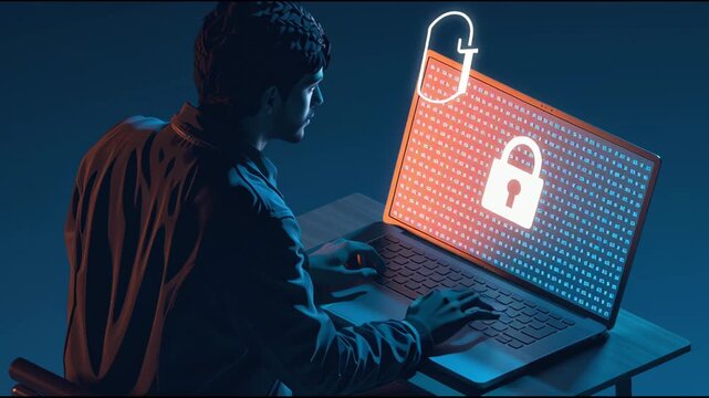 Person Types a Secure Password on Laptop With Lock Symbols in Background to Show Importance of Online Safety in an Indoor Setting