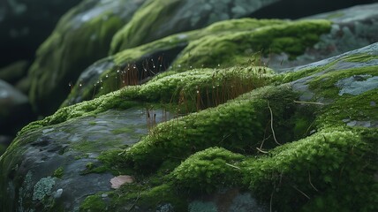 Vibrant green moss covering rugged rocks with tiny water droplets sparkling on stems