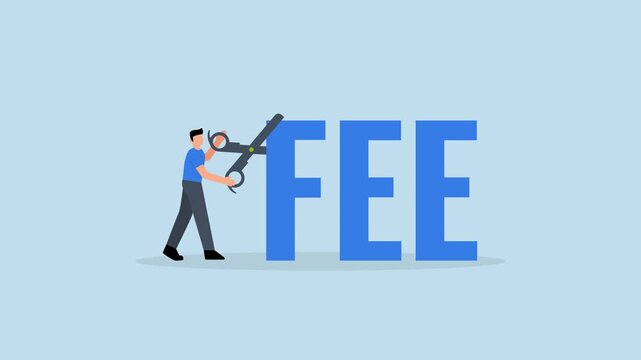 Cut fee, 4k animation of businessman investor cuts the word FEE with scissors.