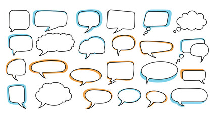 Fototapeta premium Extensive collection of simple hand-drawn speech and thought bubbles with light blue and orange drop shadows for comic art.