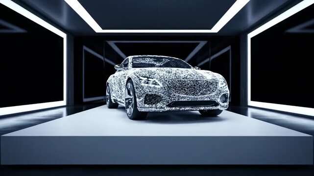 Silver Electric Vehicle Displayed in Futuristic Hexagonal Garage with Dramatic Blue Lighting