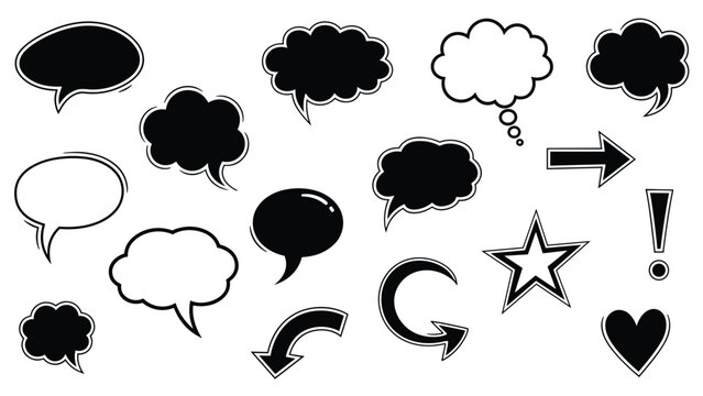 Large set of black and white comic design elements including speech bubbles and stars and arrows with various fill styles.
