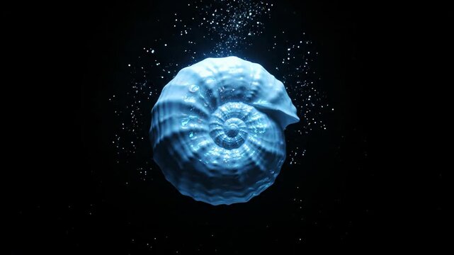 Illuminated Nautilus Shell Displayed in Dark Museum Exhibit with Dramatic Blue Lighting