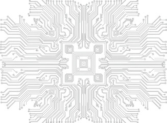 Abstract symmetric circuit board pattern illustration, representing technology, data, and digital communication.