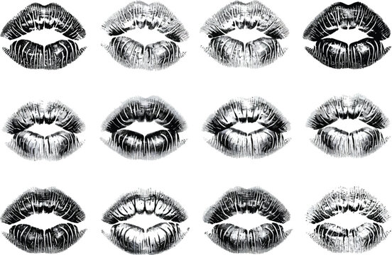 Twelve black and white close-up illustrations of kiss marks forming a grid pattern on a white background