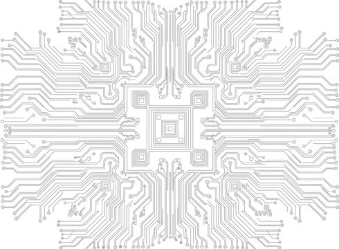 Abstract symmetric circuit board pattern illustration, representing technology, data, and digital communication.