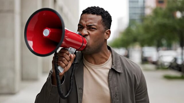 African american man shouting into red megaphone on urban street. Public announcement sequence with intense proclamation and thoughtful pause. Speaking concept for protest or rally