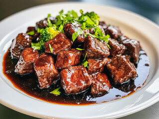 Fototapeta premium A mouthwatering plate of tender beef cubes coated in a rich sauce, garnished with fresh herbs and broccoli, perfect for any meal.
