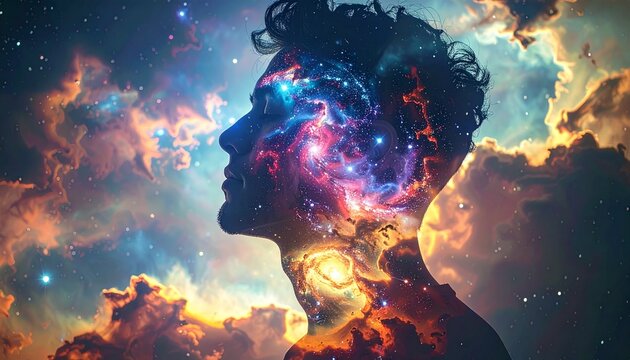 Surreal artistic portrait of a translucent stylized silhouette of a human head. Semi-realistic scene emphasizing identity, consciousness, and ethereal mental presence.
