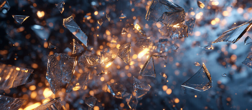 Shattered glass shards flying in the air