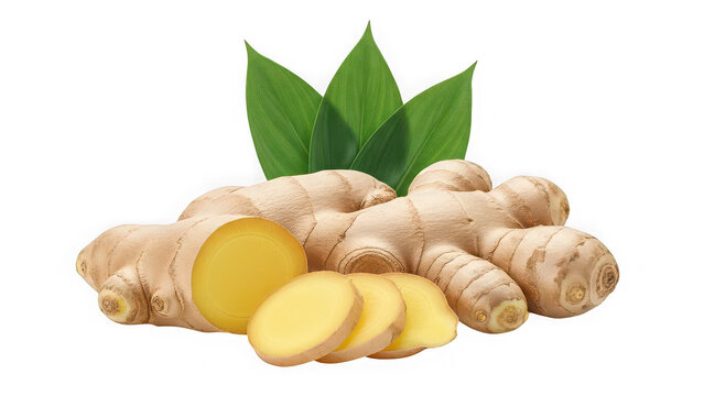 Raw ginger root with round fresh slices and pointed green leaves isolated on transparent background