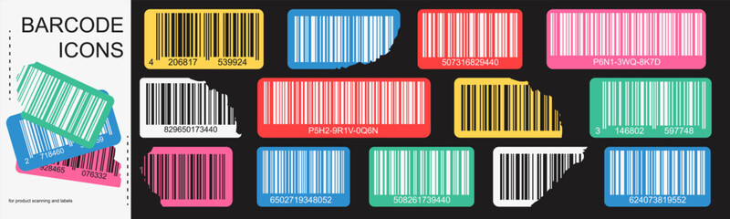 Colorful barcode icon set with rounded stickers and torn label shapes. Fake product tags with numbers for product scanning and identification.