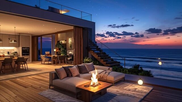 Luxury modern villa with ocean view at dusk, featuring open kitchen and cozy lounge.