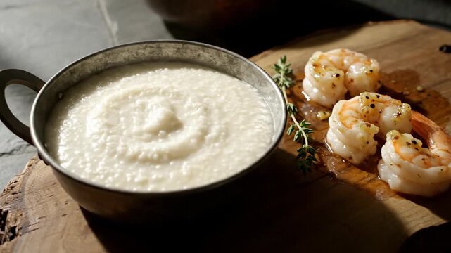 Creamy Seafood Soup with Shrimp Garnishing Served on Slate Table in Natural Light