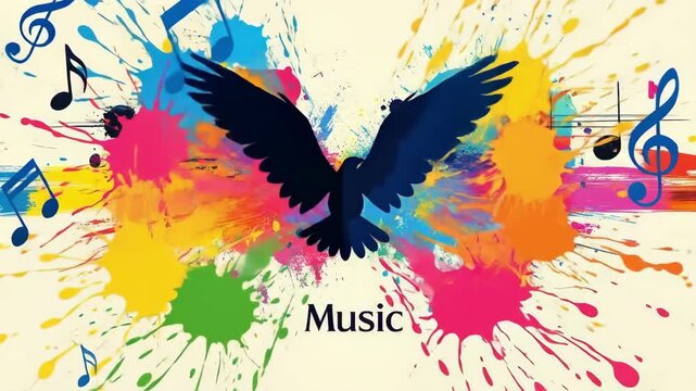 Colorful splash of a bird shaped by musical notes