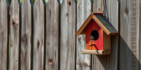 Rustic wooden birdhouse hanging on weathered fence,  detail,  habitat