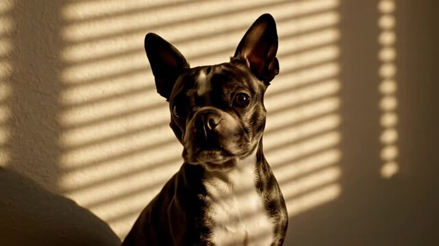 black and white boston terrier. A playful dog gazes upward, illuminated by warm, slanted sunlight creating striking shadows on a textured wall, evoking a serene atmosphere