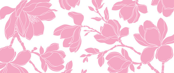 Floral background with a pattern of pink magnolia flowers on a white background. Vector illustration for card, banner, print, cover, wedding invitation, packaging © Feodora_21