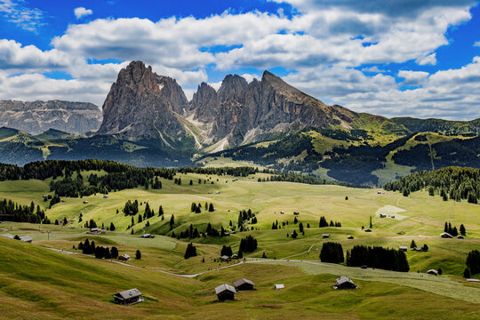 View over the alpine meadows with mountain cabins towards the Langkofel group with the peaks of Langkofel and Plattkofel on the Seiser Alm, Dolomites, South Tyrol, Italy.