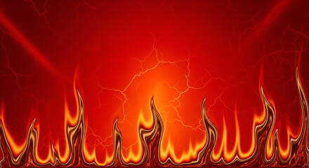 Intense vibrant red background featuring stylized abstract flames licking upwards against a cracked texture suggesting extreme heat or danger in a fiery digital landscape.