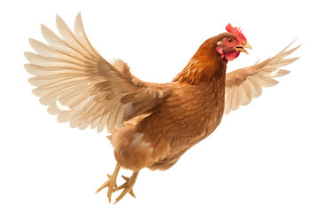 Fototapeta premium Rhode Island Red Hen in Flight – High-Resolution Studio Photograph of Flying Chicken