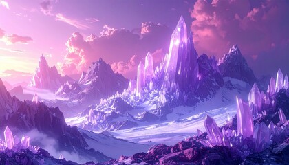 A fantastical landscape of crystalline peaks under a pastel sky