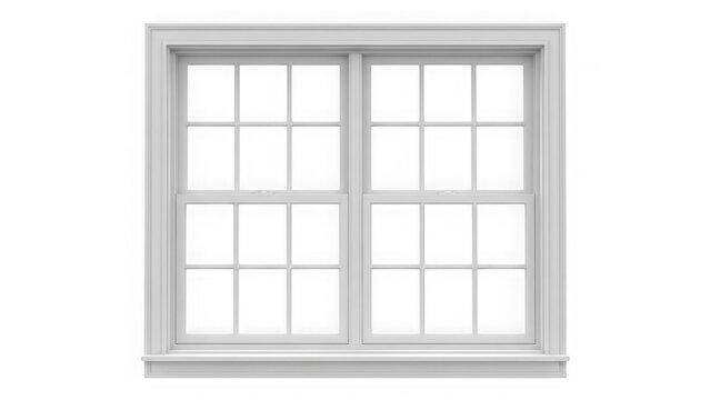 Classic white double hung multi pane wooden window frame isolated on transparent background