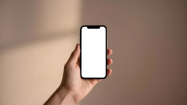 Hand holding a modern smartphone with a blank white screen against a soft, sunlit background.