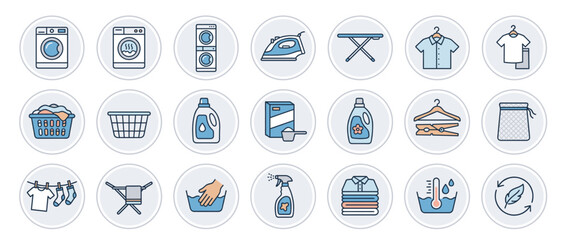 Laundry icons representing washing machines, detergents, and clothes  