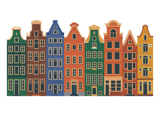 Fototapeta premium A row of colorful buildings with unique architecture stands against a white background.