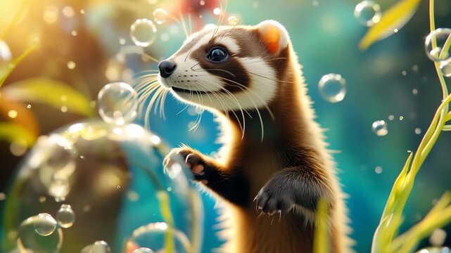 Animated Ferret Playing with Bubbles in Whimsical Forest