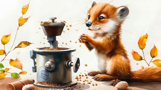 Cute Fox Grinding Coffee Beans in Whimsical Autumn Scene