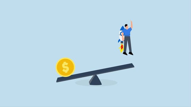Economic stimulus money, 4k animation of large dollar coin falls on a seesaw to boost businessman on the other side with a rocket.