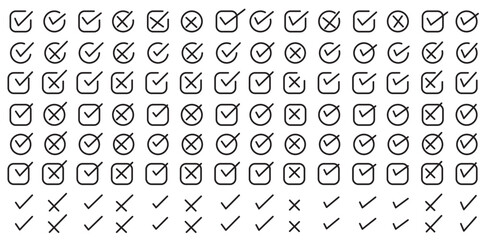 Hand drawn check and cross icons set in circle and square outline checklist marks vector illustration