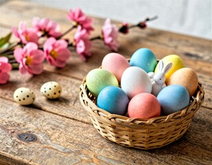 Fototapeta premium Colorful Easter Eggs Basket with Flowers and Bunny Spoon, 3D