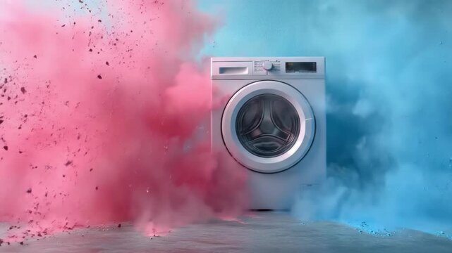 Modern washing machine with vibrant pink and blue color explosion