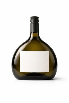 Professional studio product photo bocksbeutel style flattened wine bottle dark olive green glass with blank label isolated on white background