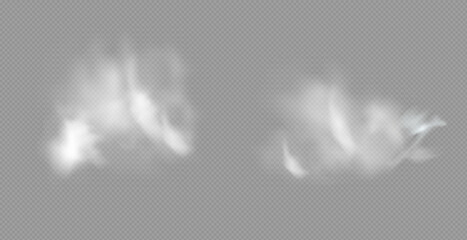 Realistic white fluffy clouds with fog or light smoke effect on a transparent background. Misty atmosphere element for overlaying on images, dramatic scenes or weather visual effects. © luda