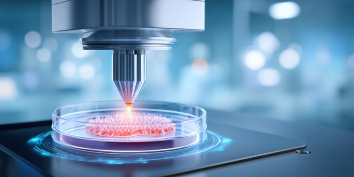 3D printed tissue sample, bioprinting lab process with glowing nozzle