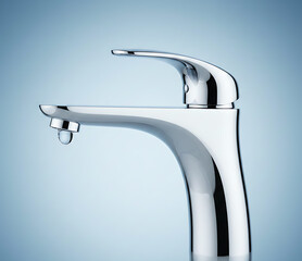 Close-up of a Chrome Bathroom Faucet with Dripping Water Drop
