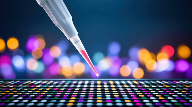 Colorful DNA microarray pipette dispensing droplet with bokeh lights