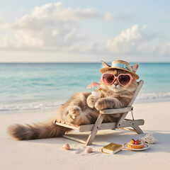 Fluffy Cat Lounging in a Beach Chair with a Tropical Drink