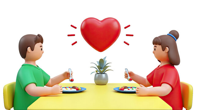 3D Couple Enjoying a Meal with Heart Symbol